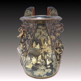 An Exquisite Wooden Lacquer Painted Gold Figure Pattern Saddle Ornament