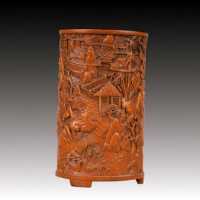 An Exquisite Boxwood Landscape and Figure Pattern Brush Pot