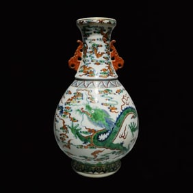 A Rare Doucai Painted Gold Auspicious Cloud and Dragon Pattern Double-Ears Vase