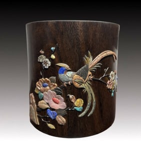 A Huge Huanghuali wood Flower and Bird Pattern Box,Inlaid Gems