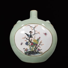 An Exquisite Celadon Glazed Famille-Rose Flower and Bird Pattern Double-Ears Vase