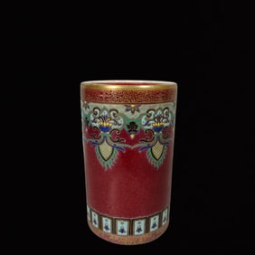 An Exquisite Ji Red Glazed Enamel Flower Pattern Brush Pot