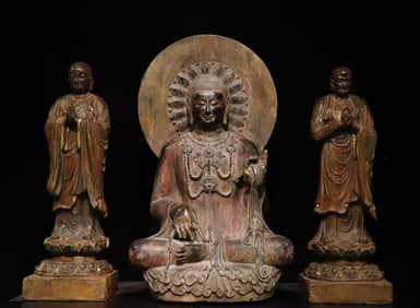 A Set of Solemn Limestone Painted Color Statue of Sakyamuni