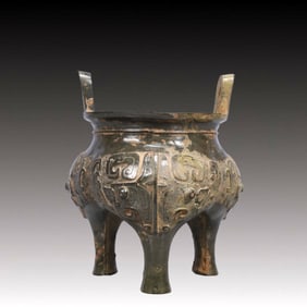 A Precious Bronze Beast-Face Pattern Double-Ears and Tripod Censer