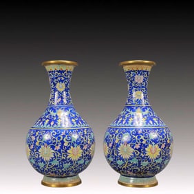 A Pair of Exquisite Painted Enamel Lotus Pattern Vases