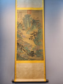 A Chinese Vertical Scroll Ink Painting of Landscape on Silk,Qiu Ying