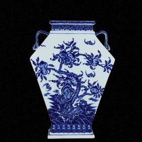A Rare Blue and White Bats and Peach Pattern Double-Ears Vase