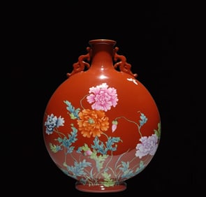 A Rare Enamel Coral Red Glazed Flower and Butterfly Pattern Double-Ears Vase