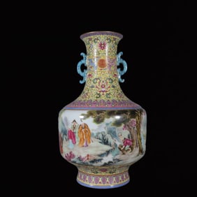 A Huge Yellow Ground Famille-Rose Character and Story Pattern Double-Ears Vase