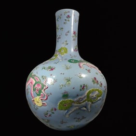A Huge Sky Blue Glazed Famille-Rose Flower and Lion Pattern Vase