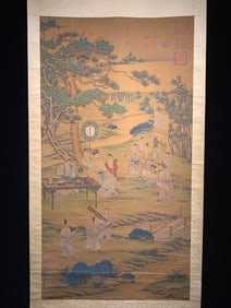 A Chinese Vertical Scroll Ink Painting of Figure on Silk,Lang Shining