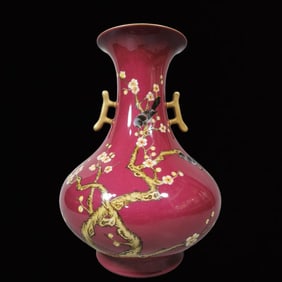 An Exquisite Ruby Red-Glazed Famille-Rose Flower and Bird Pattern Double-Ears Vase