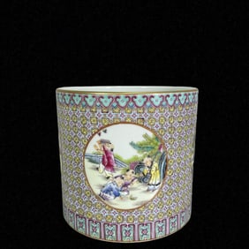 An Exquisite Famille-Rose Character and Story Pattern Painted Gold Brush Pot