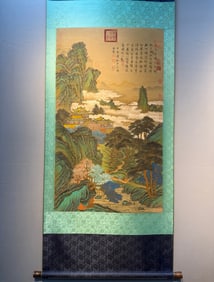A Chinese Vertical Scroll Ink Painting of Landscape on Silk,Qiu Ying