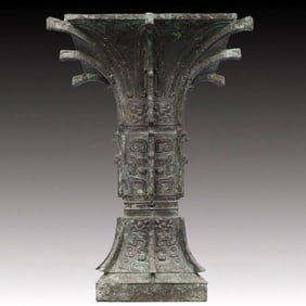 A Rare Bronze Beast-Face Pattern Vase,With Inscription