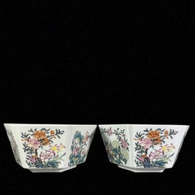 A Pair of Exquisite Famille-Rose Flower Pattern Bowls