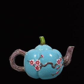 An Exquisite Famille-Rose Plum Blossom Pattern Pumpkin-Shaped Teapot