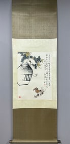 A Chinese Vertical Scroll Ink Painting of Cat on Paper,Sun Jusheng