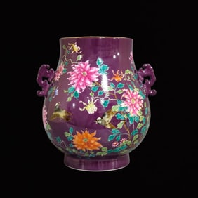 An Exquisite Purple glaze Flower and Bird Pattern Painted Gold Double-Ears Vase