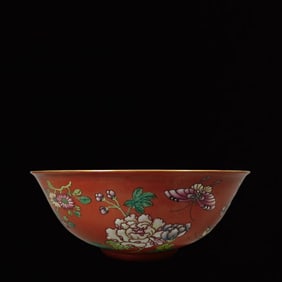 An Exquisite Red Ground Famille-Rose Flower and Butterfly Pattern Bowl