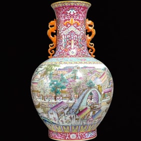 A Huge Famille-Rose Ruby Red-Glazed Painted Gold Character and Story Pattern Dragon-Ears Vase
