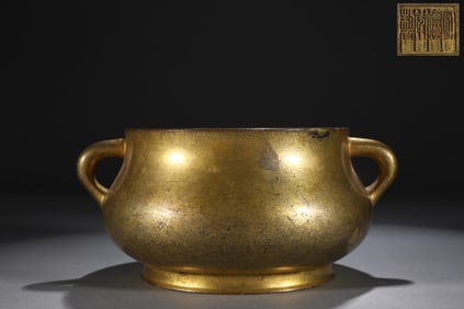 An Exquisite Gilt Bronze Double-Ears Censer