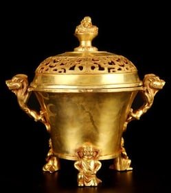An Exquisite Gilt Bronze Double-Ears Tripod Censer