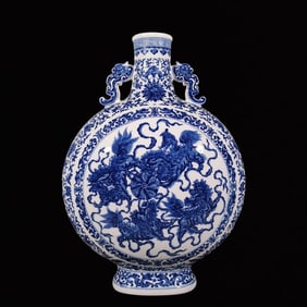 A Huge Blue and White Lotus and Lion Pattern Double-Ears Vase