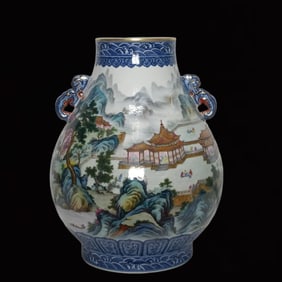 A Rare Blue and White Famille-Rose Painted Gold Landscape and Figure Pattern Double-Ears Vase,With