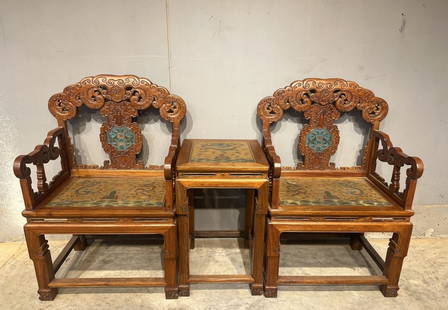 A Set of Huge Huanghuali wood Auspicious Cloud and Dragon Pattern Chairs,with an Imperial Poem by: A Set of Huge Huanghuali wood Auspicious Cloud and Dragon Pattern Chairs,with an Imperial Poem by Emperor Qianlong,Qing Dynasty, China,Size:(Chair)65cmx50cmx106cm,(End Table)78cmx75cmx72cm &#19968;&#2
