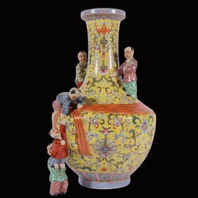A Rare Yellow Ground Famille-Rose Lotus and Figure Pattern Vase