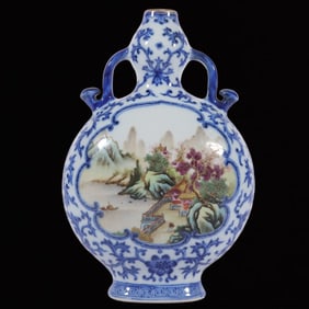 An Exquisite Blue and White Famille-Rose Landscape Pattern Double-Ears Vase