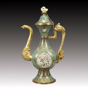 An Exquisite Cloisonne Inlaid White Jade Flower and Bird Pattern Beast-mouse Ewer