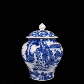 An Exquisite Blue and White Character and Story Pattern Tea Caddy