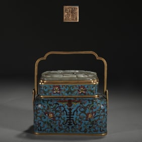 A Rare Cloisonne Inlaid White Jade Lotus and Shou-Character Pattern Handwarmer