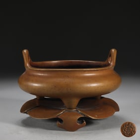 An Exquisite Bronze Double-Ears and Tripod Censer,With Base