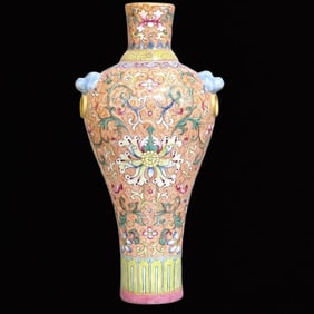 An Exquisite Enamel Lotus Pattern Painted Gold Double-Ears Vase