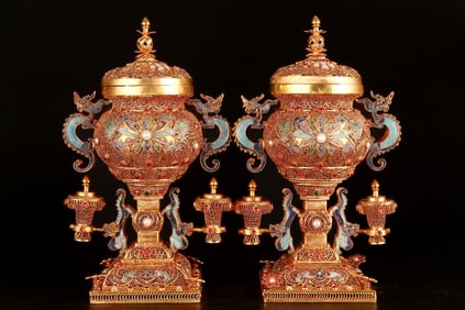 A Pair of Exquisite Flower silk gold-plated Inlaid Gems Flower Pattern Double-Ears Censers