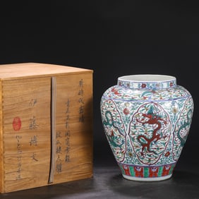 A Rare Blue and White Wucai Lotus and Dragon Pattern Jar