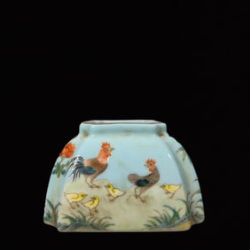 An Exquisite Turquoise Ground Famille-Rose Rooster Pattern Washer