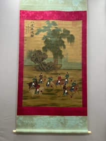 A Chinese Vertical Scroll Ink Painting of Figure on Silk,Zhao Mengfu
