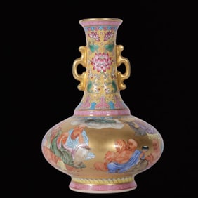 An Exquisite Gold Ground Enamel Painted Gold Arhat Pattern Double-Ears Vase