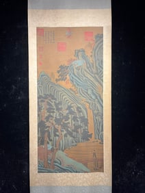 A Chinese Vertical Scroll Ink Painting of Landscape on Silk,Dong Yuan