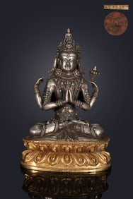 A Rare Bronze Statue of Four-Armed Avalokitesvara, Inlaid Turquoise