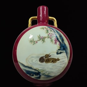 A Rare Ruby Red-Glazed Famille-Rose Flower and Bird Pattern Double-Ears Vase
