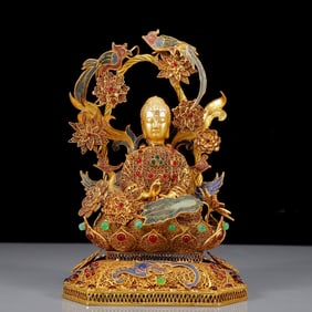 An Exquisite Gilt Inlaid Gems Buddha Statue