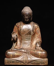 A Monumental Limestone Painted Color Statue of Sakyamuni