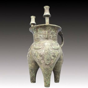 A Precious Bronze Beast-Face Pattern Tripod Goblet,With Inscription