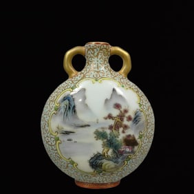 An Exquisite Enamel Painted Gold Landscape Pattern Double-Ears Vase