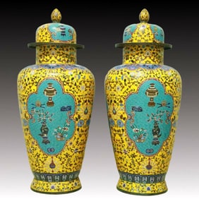 A Pair of Huge Cloisonne Lotus Pattern Bottles